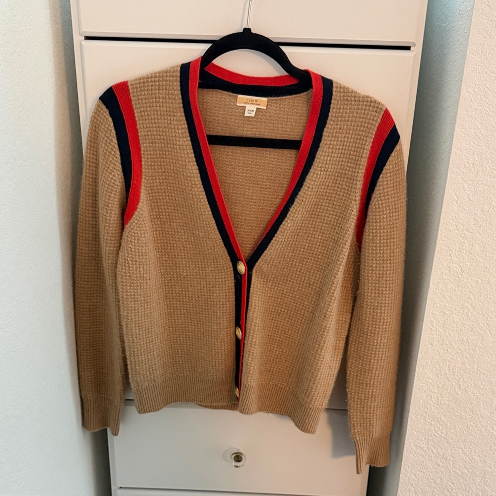 J. Crew Tan Cardigan with Red and Black Stripes